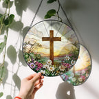 8 Inch Stained Glass Cross and Wildflowers Suncatcher Christian Stained Glass Windows Hanging Flower Cross Gift for Religious Easter Faith Christian Gifts Religious Home Decor