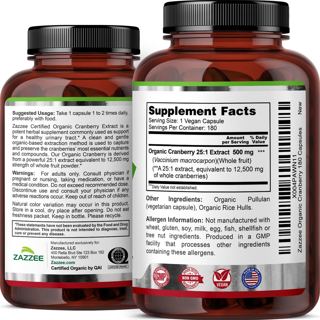 Zazzee USDA Organic Cranberry 25:1 Extract, 500 mg per Capsule, 180 Vegan Capsules, 6 Month Supply, Certified Kosher, Standardized, Concentrated 25X Extract, 100% Vegetarian, Non-GMO, Made in The USA