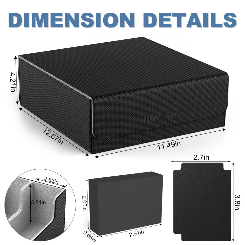 Mlikero Card Deck Case, 2400+ Trading Card Storage Box with 10 Colorful Dividers and 4 Foam Stoppers, Leather Magnetic Closure Commander Deck Box Fit for MTG, TCG (4 Rows, Black&Grey)