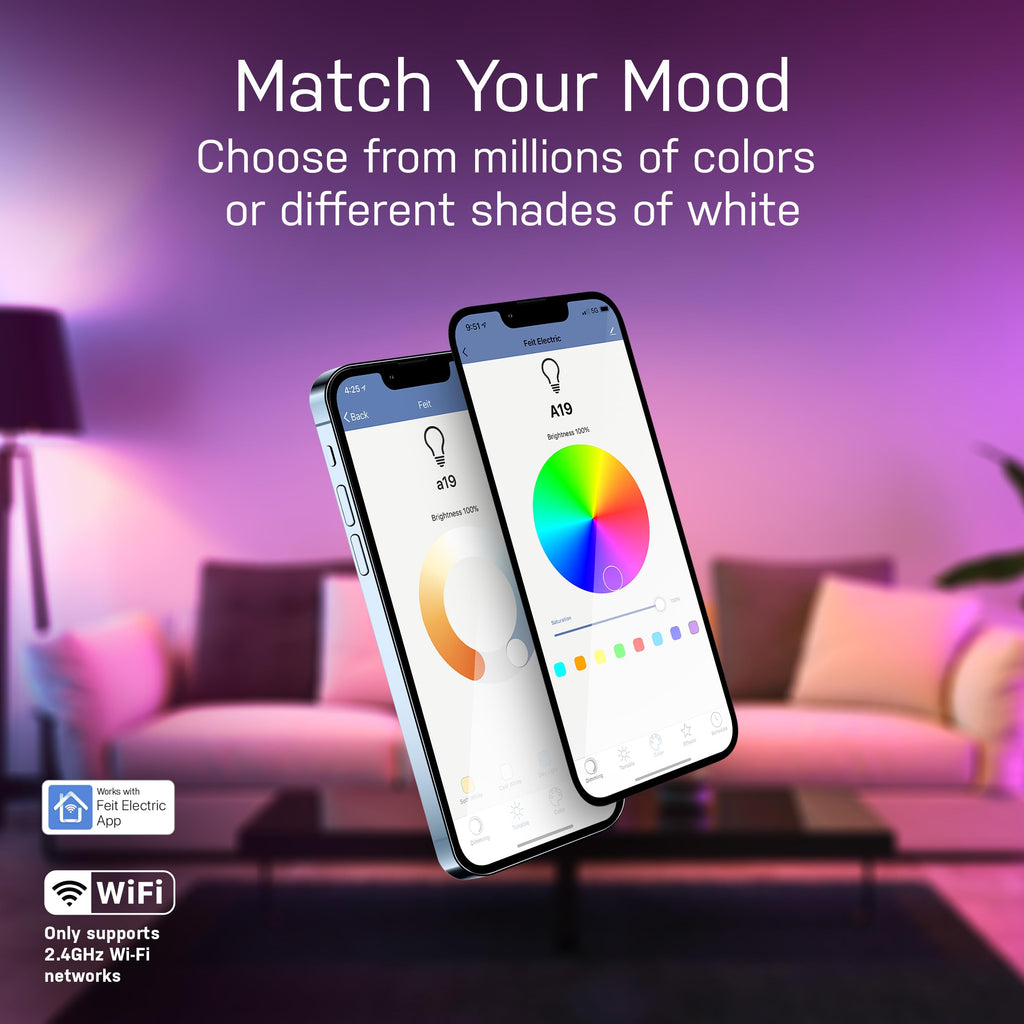 Feit Electric A19 Smart LED Light Bulb, 60W Equivalent, Dimmable, RGBW Color Changing, Alexa & Google Home Compatible, 2.4GHz Wi-Fi Enabled, 800 Lumens, 25,000-Hour Lifetime, OM60/RGBW/CA/AG/6, 6-Pack