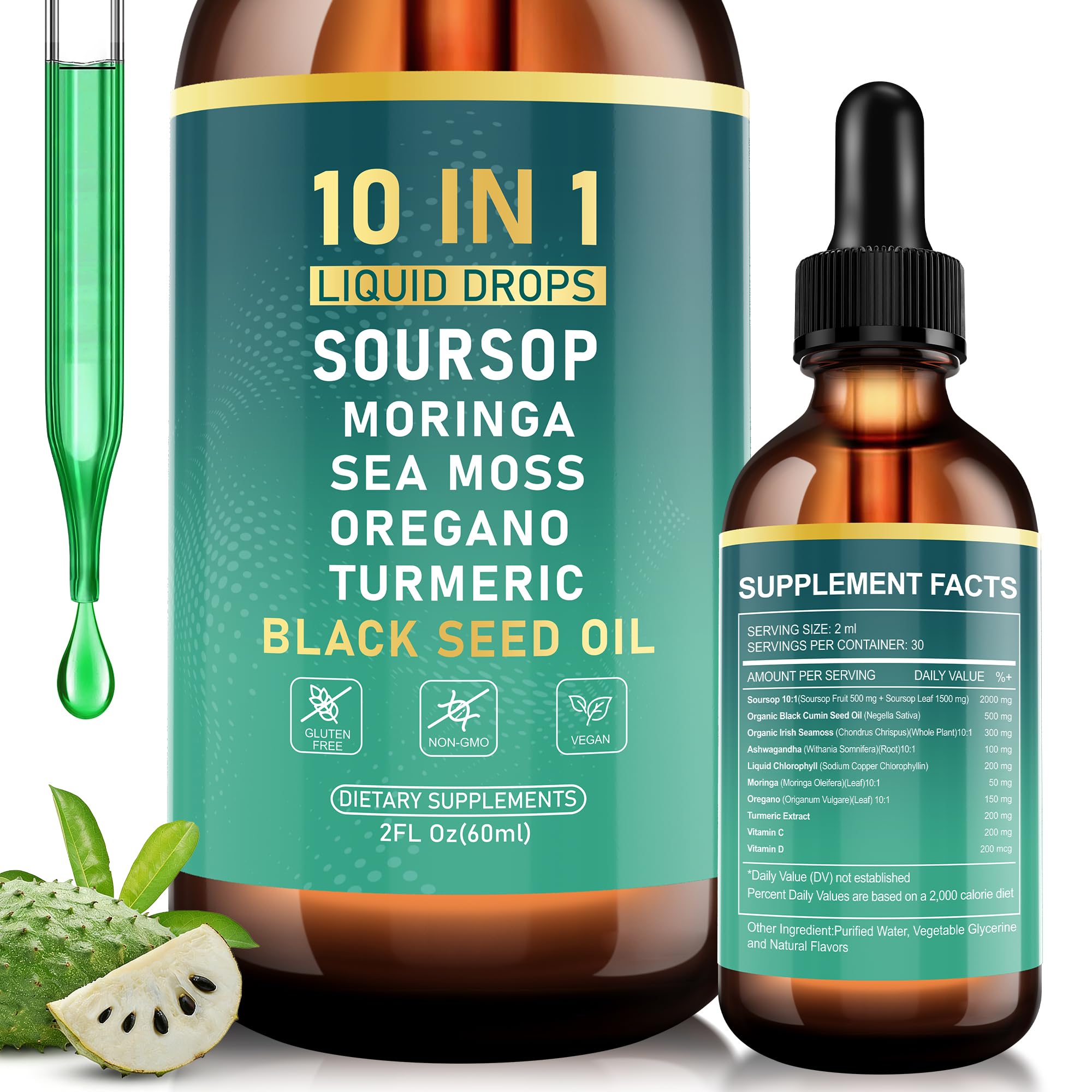 Royavita Soursop Bitters Liquid Drops, Bitter Herbs with Soursop Extract, Ashwagandha, Sea Moss & Black Seed Oil, Formulated for Immune Wellness, Antioxidant Support & Healthy Digestion, 2 FL Oz