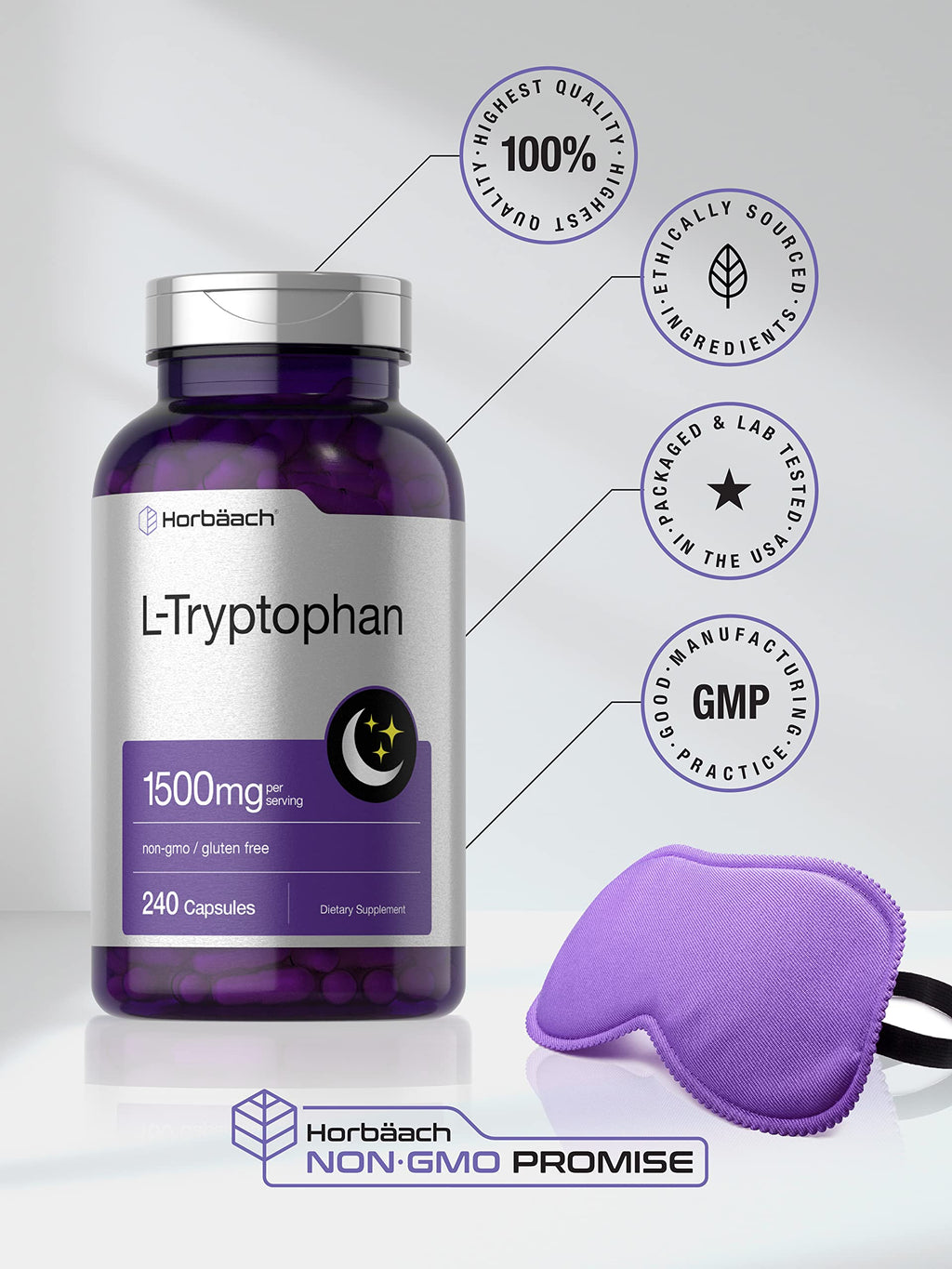 Horbäach L Tryptophan 1500mg Capsules | 240 Count | Nighttime Formula | Non-GMO, Gluten Free Supplement