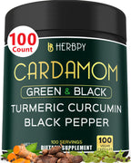 Herbpy 4in1 Cardamom Supplement - Green & Black Cardamom Seeds with Turmeric & Black Pepper – Digestive Health & Natural Wellness - 100 Vegan Capsules