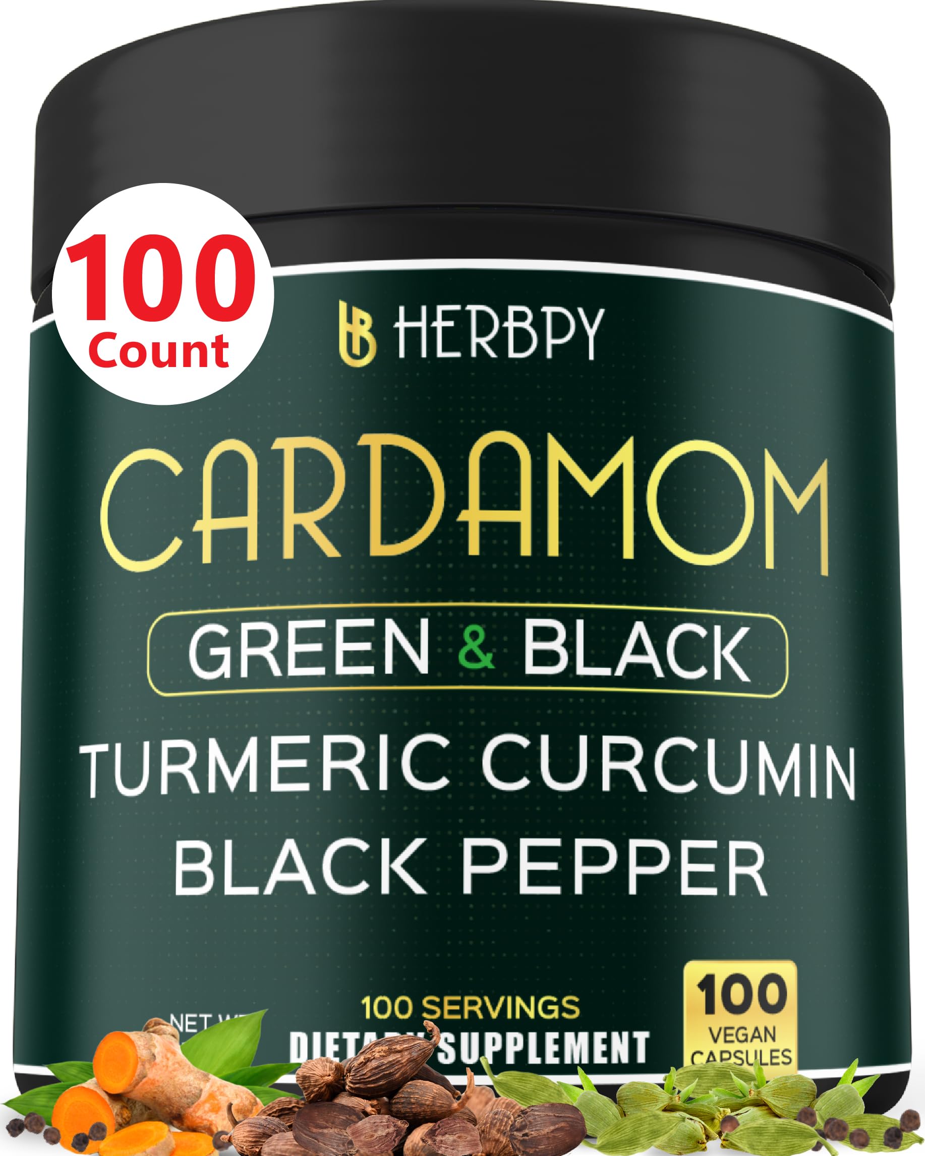 Herbpy 4in1 Cardamom Supplement - Green & Black Cardamom Seeds with Turmeric & Black Pepper – Digestive Health & Natural Wellness - 100 Vegan Capsules