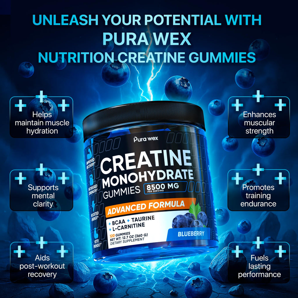 PURA WEX NUTRITION Creatine Monohydrate Gummies 8500mg Complex for Men & Women - Pre Workout Creatine Chews for Muscle Growth, Strength & Energy, Sugar Free, Vegan, Blueberry Flavor - 120 Count
