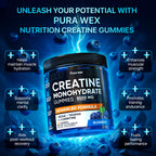 PURA WEX NUTRITION Creatine Monohydrate Gummies 8500mg Complex for Men & Women - Pre Workout Creatine Chews for Muscle Growth, Strength & Energy, Sugar Free, Vegan, Blueberry Flavor - 120 Count