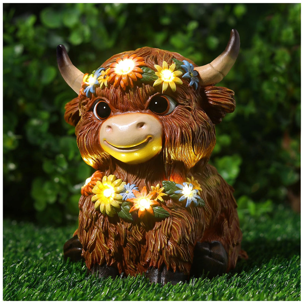 MAXTHOT Solar Garden Decor Outdoor Statues Highland Cow with Daisy and LED Lights Birthday Gifts for Women Mom Grandma Outside Decorations for Lawn, Porch, Yard, Patio, Balcony