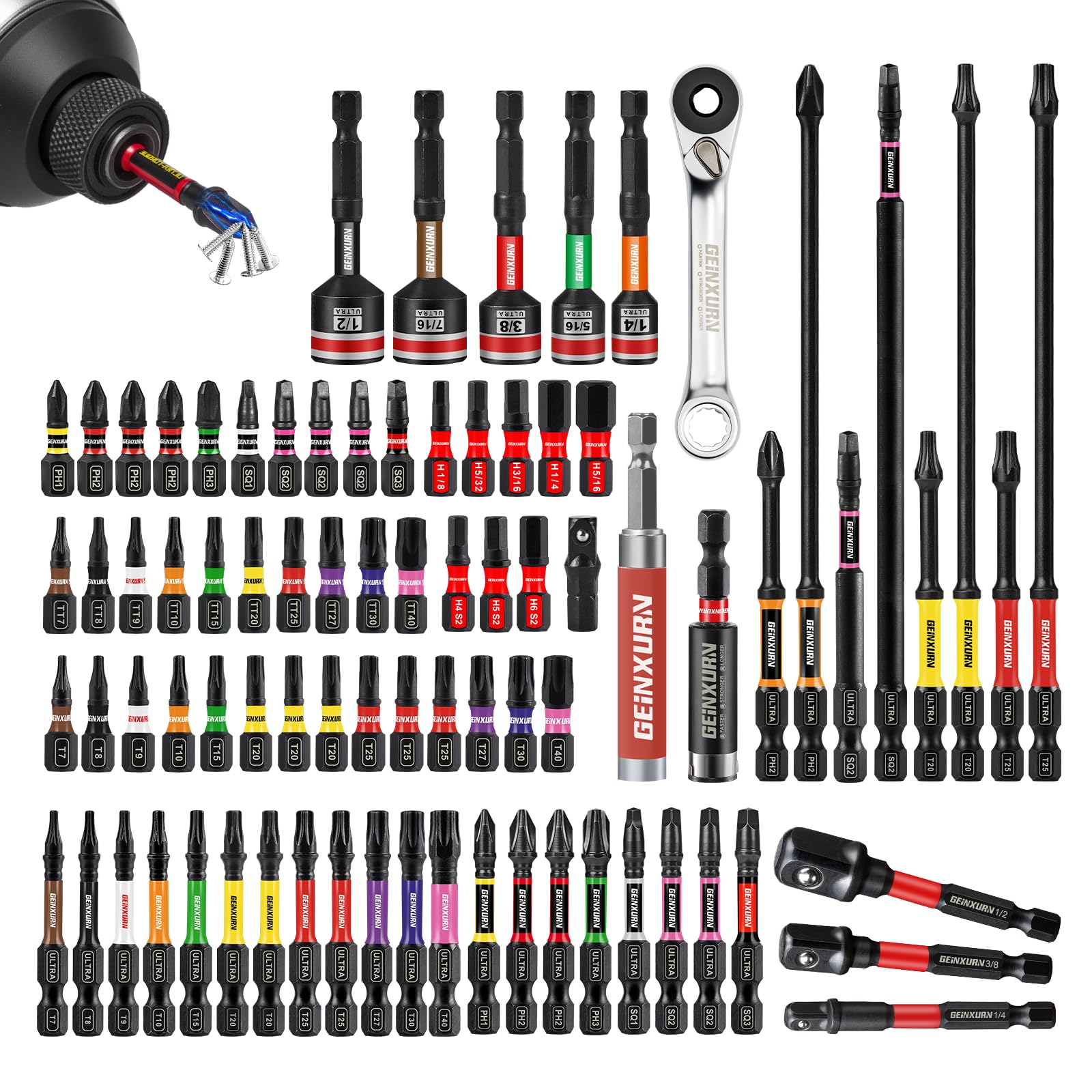 Geinxurn 82Pieces Impact Screwdriver Bits Set, Magnetic S2 Steel Phillips/Square/Torx/Hex Insert Power Bits Tips with Impact Bit Holder and Impact Nut Driver and Mini Wrench