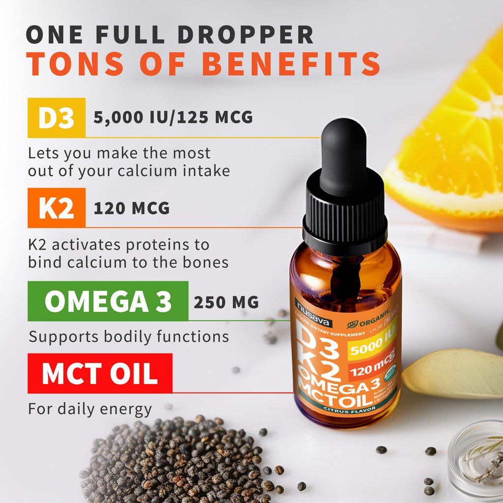 (2 Pack) Organic Vitamin D3 K2 Drops with MCT Oil Omega 3, 5000 IU, Maximum Strength Vitamin D Liquid, No Fillers, Non-GMO Liquid D3 for Faster Absorption, Immune Support (Citrus Flavor, 2 Fl Oz)