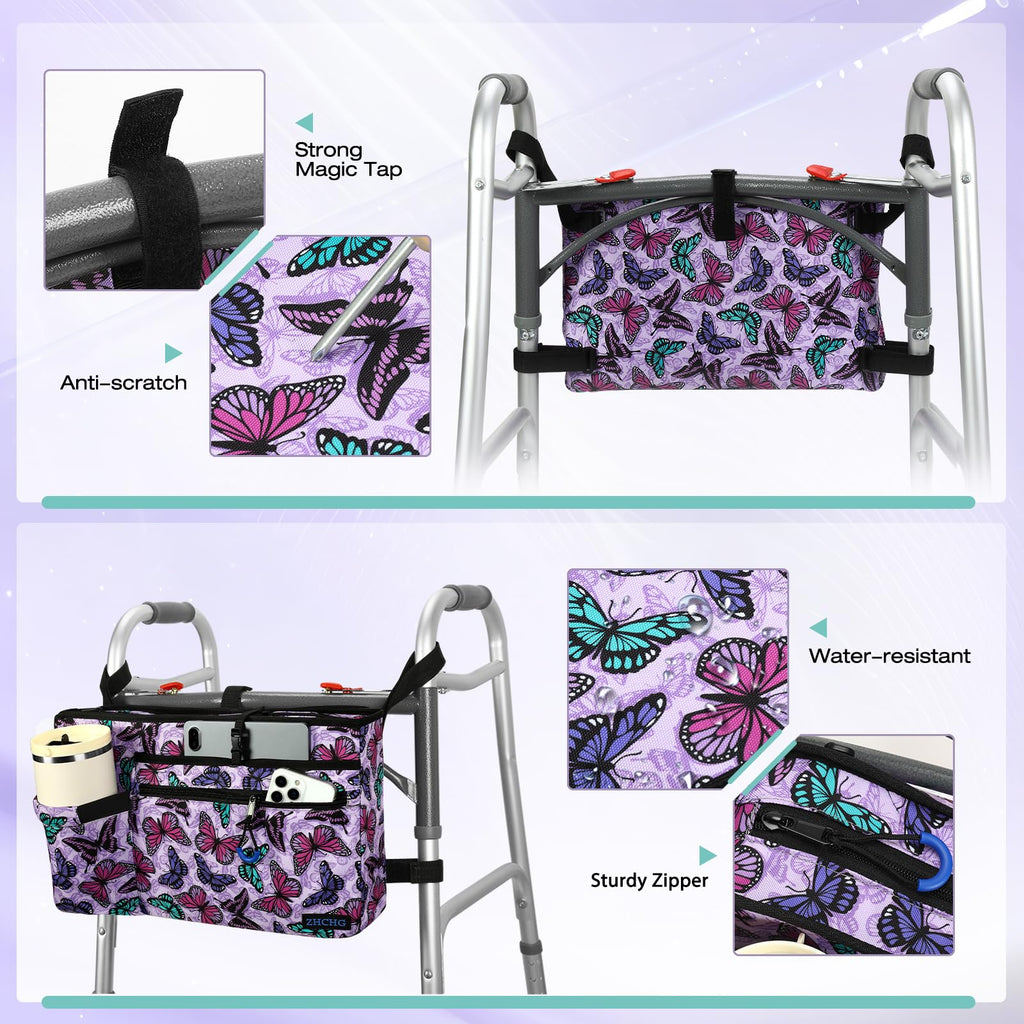 ZHCHG Walker Bag with Cup Holder, Walker Accessories for Seniors Detachable, Foldable Walker Basket with Big Capacity, Best Gift- Purple (Not Fit Rollator Walkers)