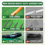 Pitch Fork for Garden, 4-Tines Garden Fork, 45-Inch Spading Fork, Heavy Duty Compost Digging Fork with Steel Handle and Enhanced D-handle, Orange