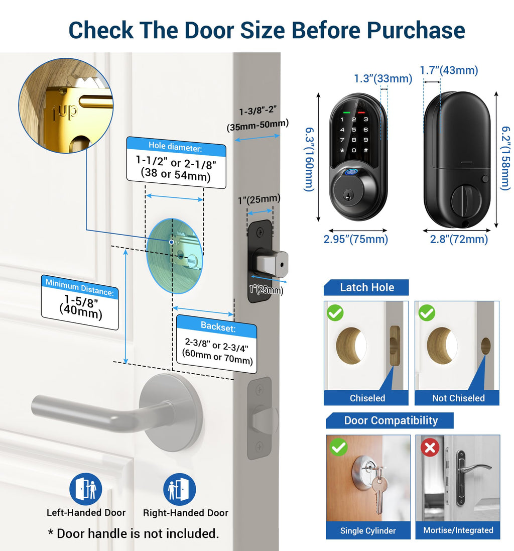 Veise RZ07 Fingerprint Smart Lock, 7-in-1 Smart Locks for Front Door, Keyless Entry Door Lock with App Control, Biometric Electronic Touchscreen Keypad Deadbolt, Matte Black