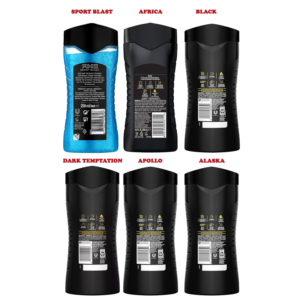 AXE Men's Body Wash Variety Set, 6 Pack, Assorted Scents, 3-in-1 Body, Face and Hair Wash, 8.5 Oz. Each