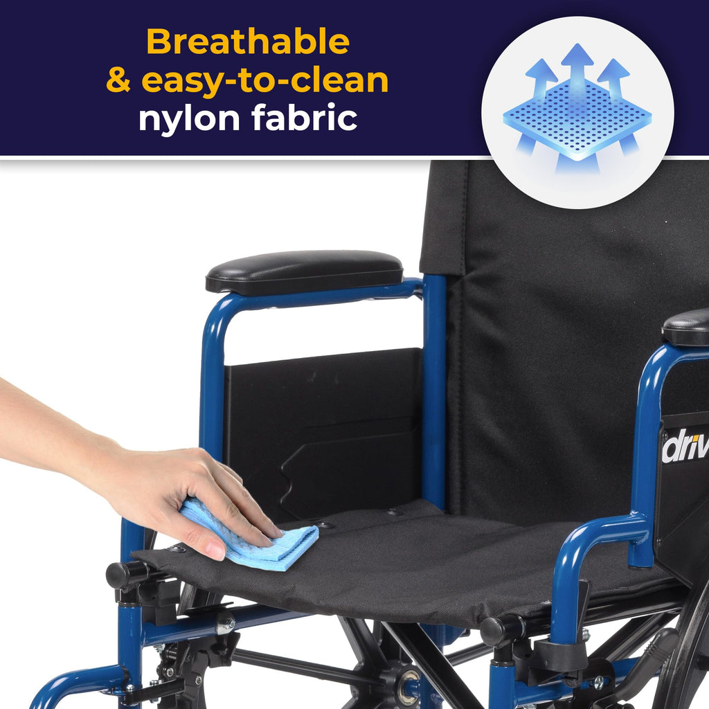 Drive Medical Blue Streak Lightweight Wheelchair - Portable Folding Mobility Aid - Swing-Away Footrests - Desk Arms - Durable Steel Frame - Easy Transport & Storage - 18-Inch Seat