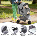 KMFurnila 3 Wheel Pet Stroller for Dogs and Cats, Foldable, Lightweight and Durable, Ideal for Small to Medium Pets, Includes Storage Basket and Cup Holders