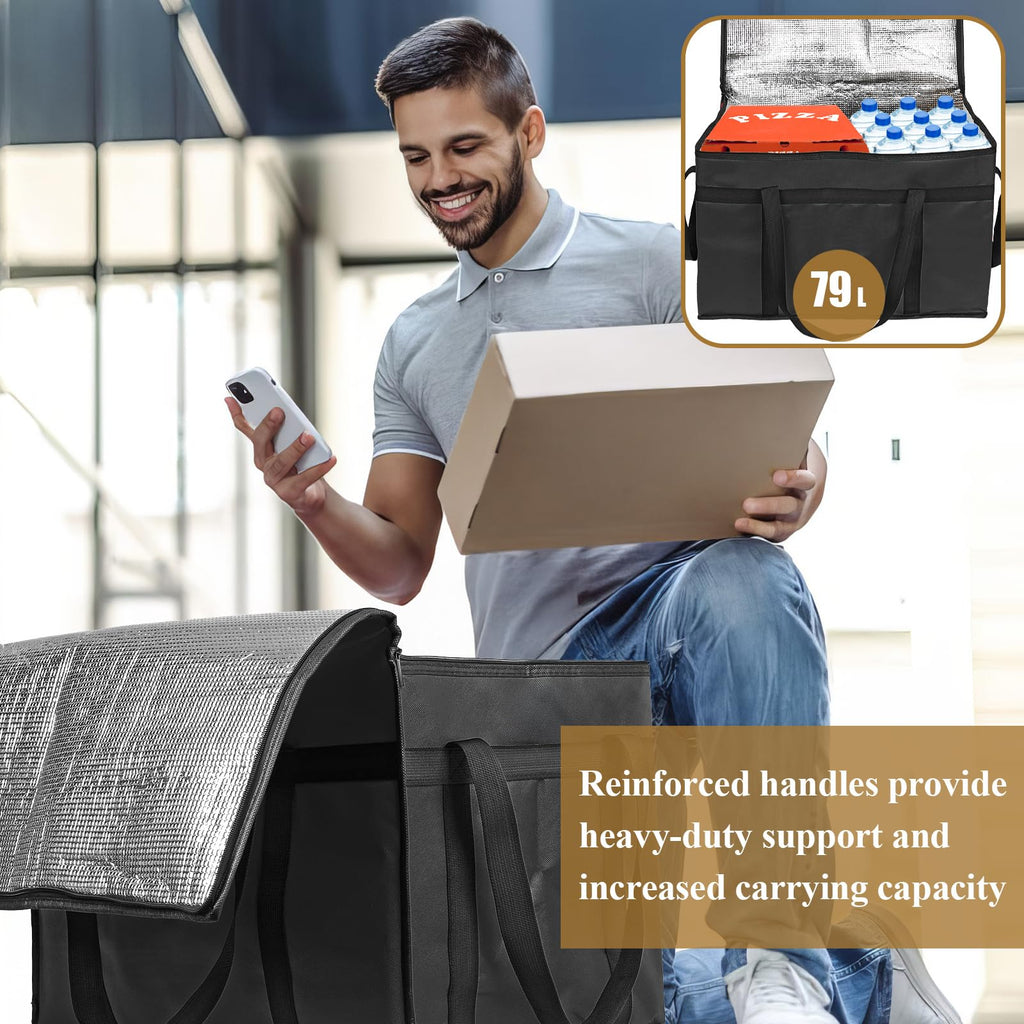 PEASUG 2PCS Insulated Bags for Food Delivery, XXXL Pizza Delivery Bags, Large Capacity Cooler Bag Keep Food Warm for Grocery Shopping and Catering, Foldable, Heavy-Duty (Black)