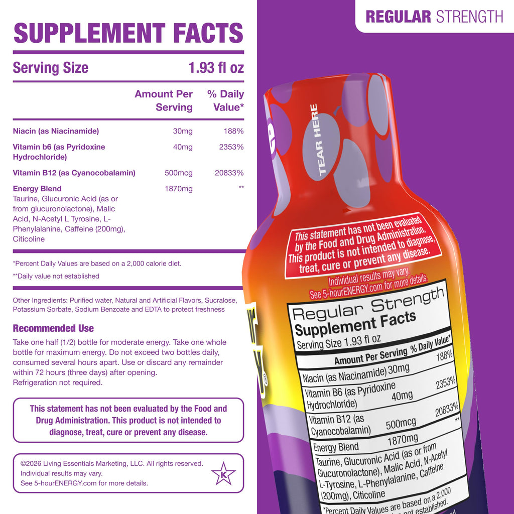 5-hour ENERGY GRAPE Flavor, 20 Count, 1.93 Fl Oz Energy Shot, Regular Strength, Amino Acids, B Vitamins, Sugar Free and Zero Calories