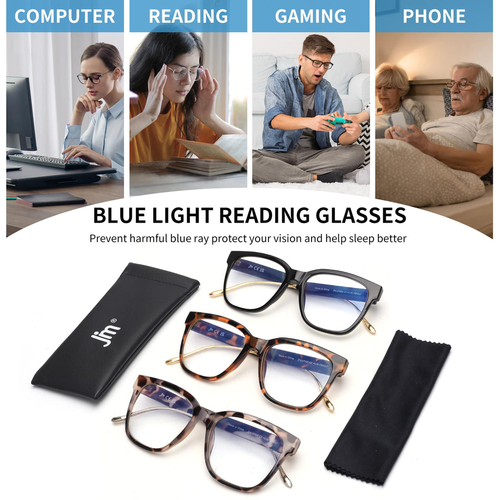 JM Oversized Reading Glasses for Women - Square Stylish Readers for Woman Men/W Blue Light Blocking Trendy Womens Computer Reader Eye Glass Fashion Bluelight Eyeglasses/W Large Frames Clear Lens(1.50)