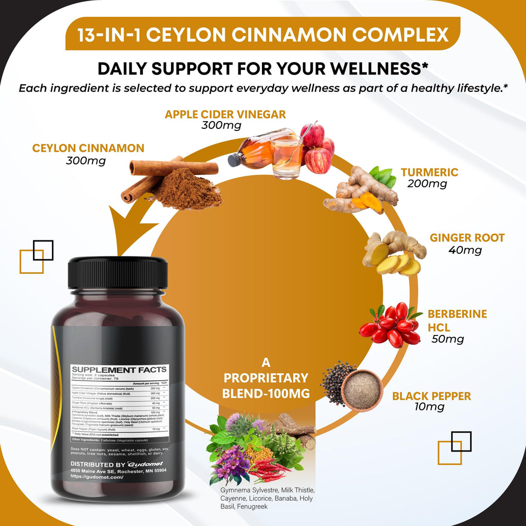 Ceylon Cinnamon Apple Cider Vinegar Turmeric Ginger Root Berberine Gymnema sylvestre Milk Thistle Licorice -150 Capsules