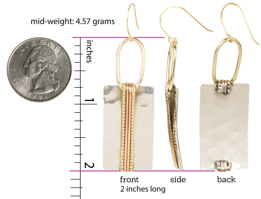 SPUNKYsoul Mixed Metal Rectangle Bar Earrings – Geometric Hammered Silver Gold Copper Dangle Earrings, Wire-Wrapped Modern Boho Drop Design, Lightweight Mid-Weight Statement Jewelry for Women (Rectangle Silver With Gold Accent)