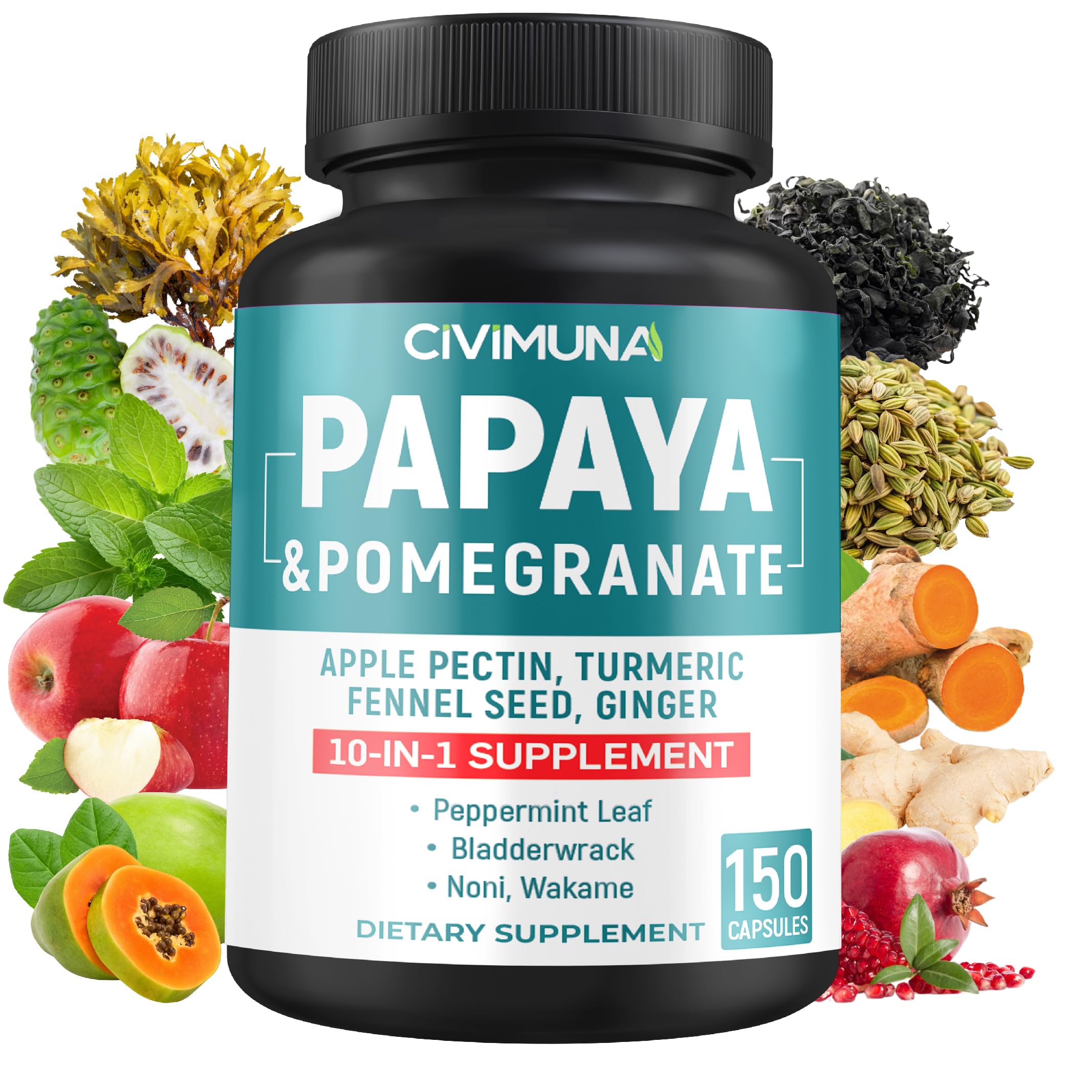 CIVIMUNA Papaya Capsules with Papaya, Pomegranate, Apple Pectin and More - 150 Capsules for 5 Months Supply