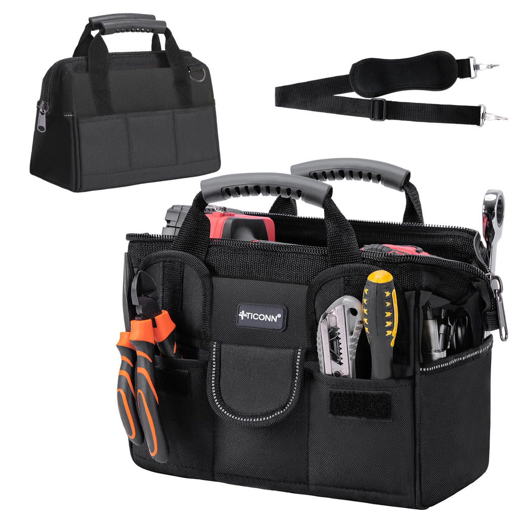 TICONN Heavy Duty Tool Bag with Multi-Pockets, Portable Tool Box Organizer Storage Bag, with Adjustable Shoulder Strap and Ergonomic Handle (Black, 12" Standard Base)