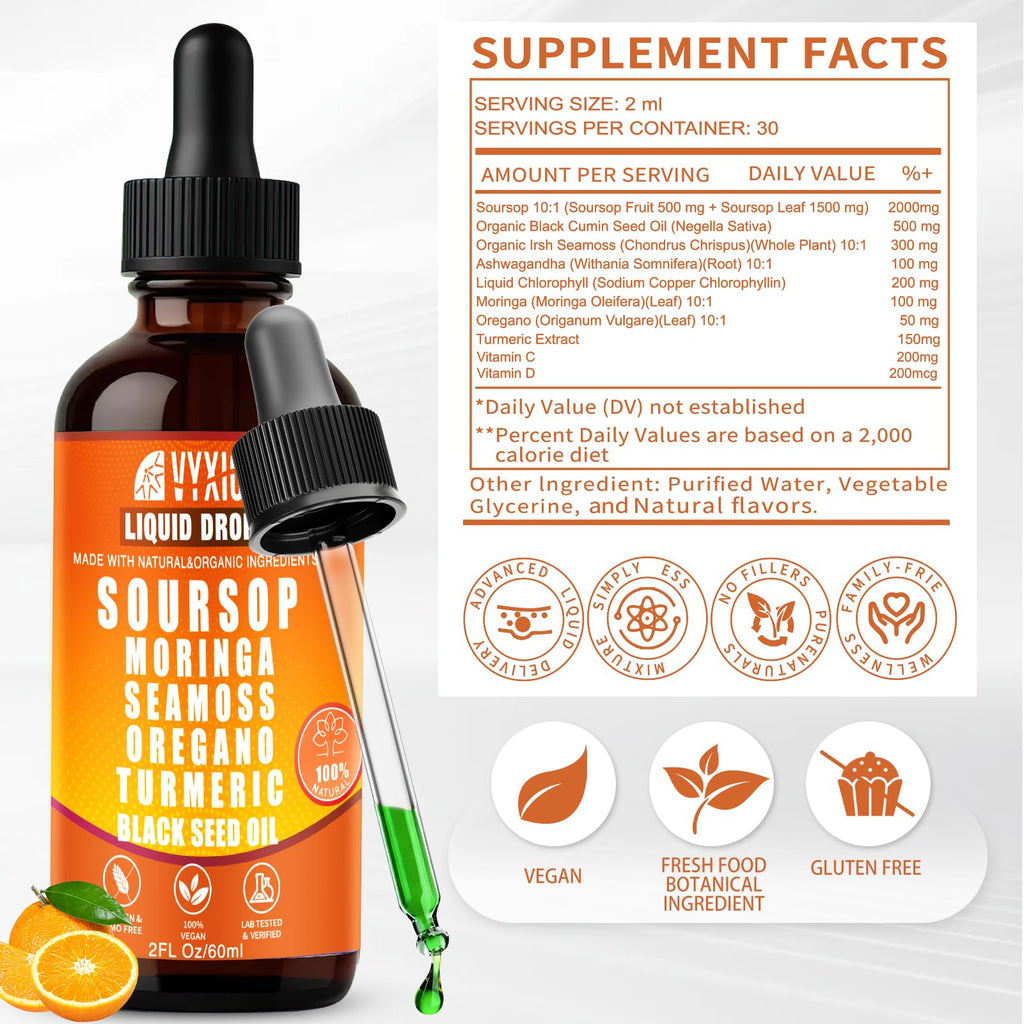 Soursop Bitters Liquid Drops 10 in 1 with Sea Moss, Moringa, Turmeric, Black Seed Oil, Oregano, Ashwagandha | Herbal Extracts for Overall Health-Enhancing | Vegan, Non-GMO | 2 Fl Oz (Orange Flavor)