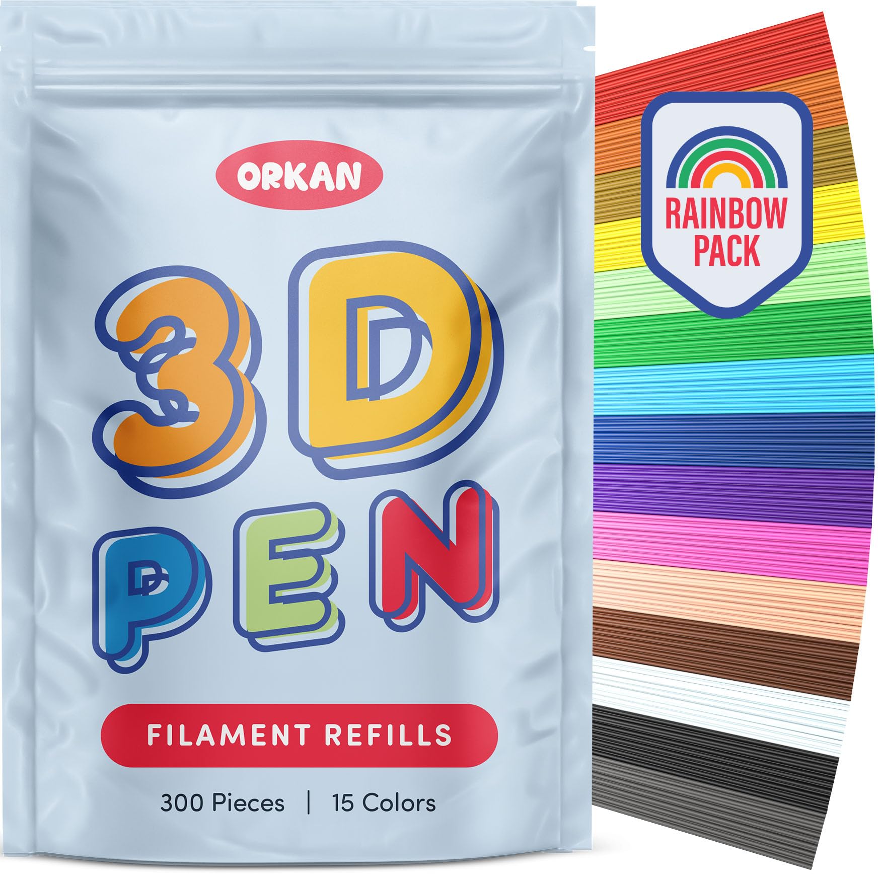 300 x ORKAN 3D Pen Filament Refills | Only Compatible with The 3Doodler Start+ | 15 Rainbow Colors | 6" x 2.5mm PCL Eco-Filament Strands | Safe for Kids | Only for 3Doodler Start+ 3D Pen
