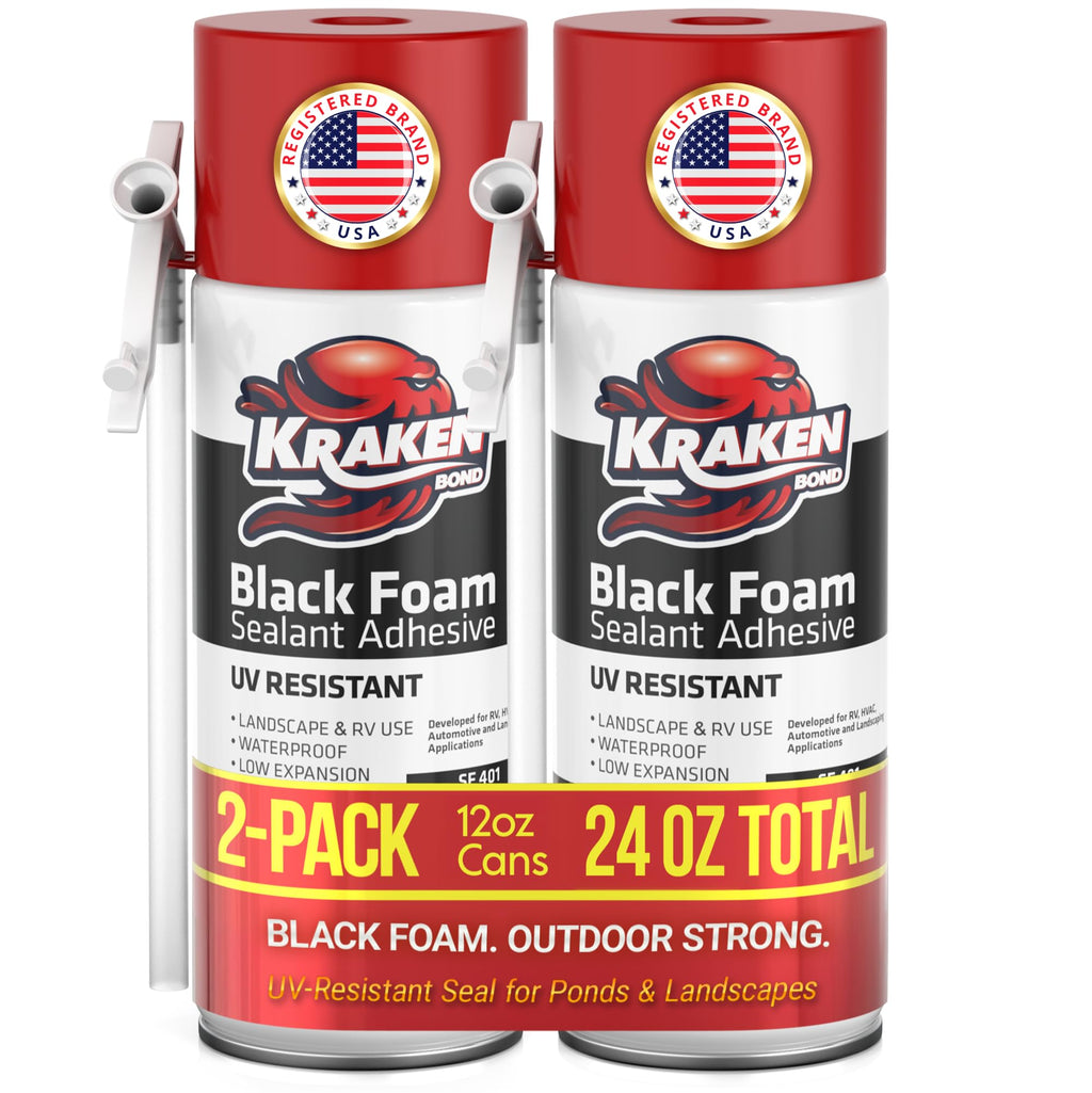 Kraken Bond Black Spray Waterfall Foam Sealant - (2x12oz) Expanding Polyurethane Pond Foam Sealer Black, UV Resistant Insulating Spray for Landscape & Exterior, Straw Use, 2 Pack