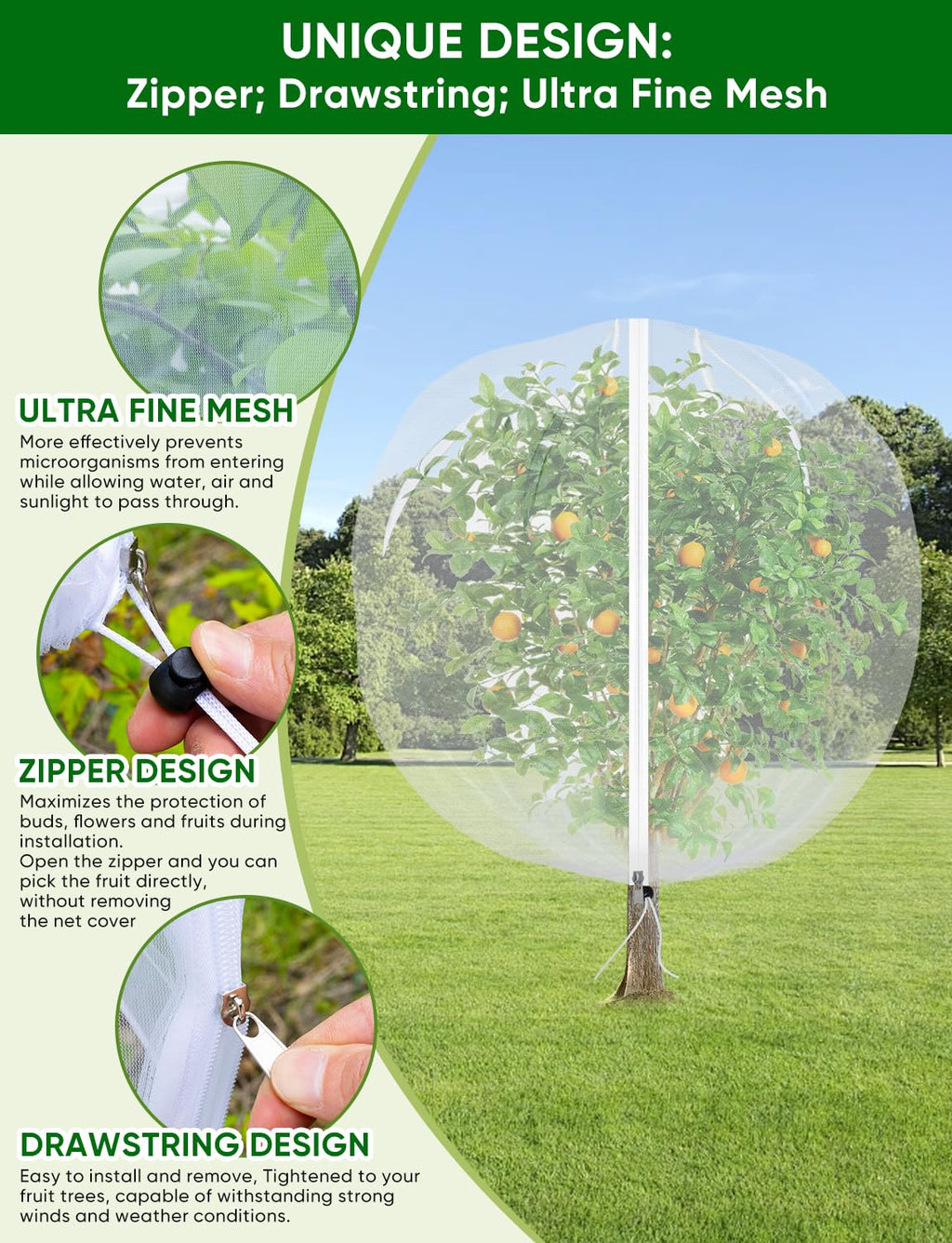 Fruit Tree Netting for Cicadas - with Zipper 4Pcs 5 x 4FT Garden Bird Netting for Blueberry Bushes with Drawstring,Insect Plant Protection Mesh Net Bags for Tomato,Cicada,Animals (4, 4 x 5 FT)