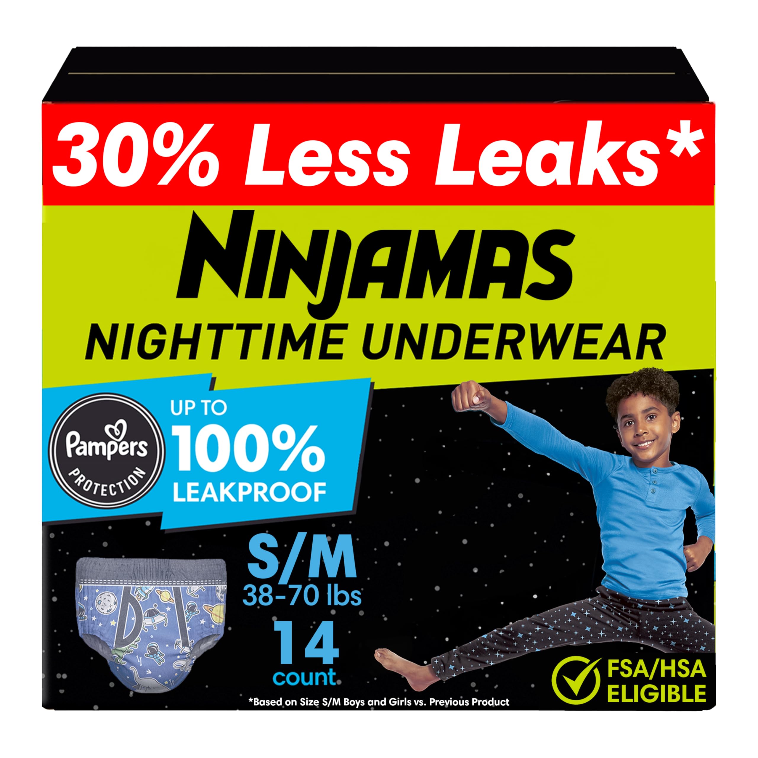 Ninjamas Boys Bedwetting Nighttime Underwear Boys - Size S/M (38-70 lbs), 14 Count, Overnight Protection, Ultra Absorbent, Hypoallergenic