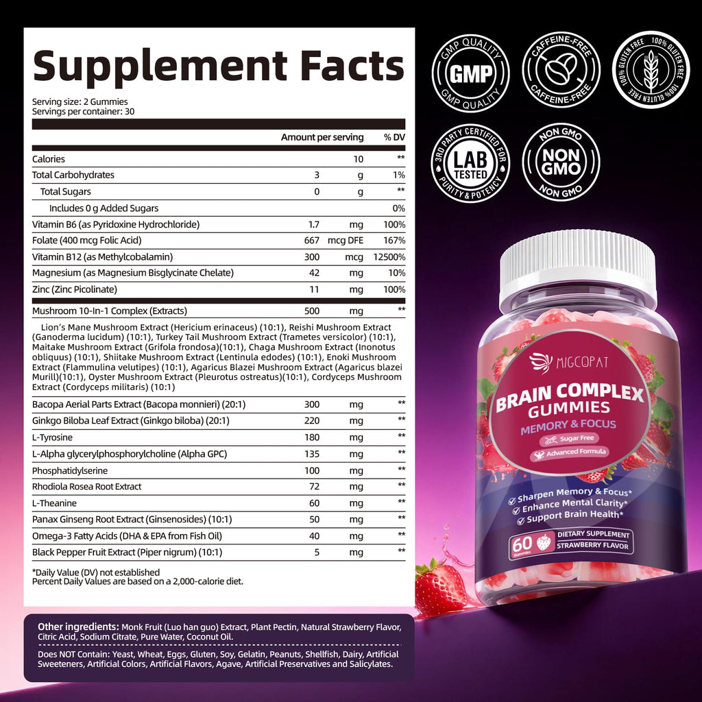 Migcopat Brain Supplements for Memory and Focus Gummies | Nootropic w/Bacopa Monnieri, Lion’s Mane, Ginkgo & 10-in-1 Mushroom Complex | Mental Clarity & Cognitive Support | Strawberry Flavor - 60 Cts