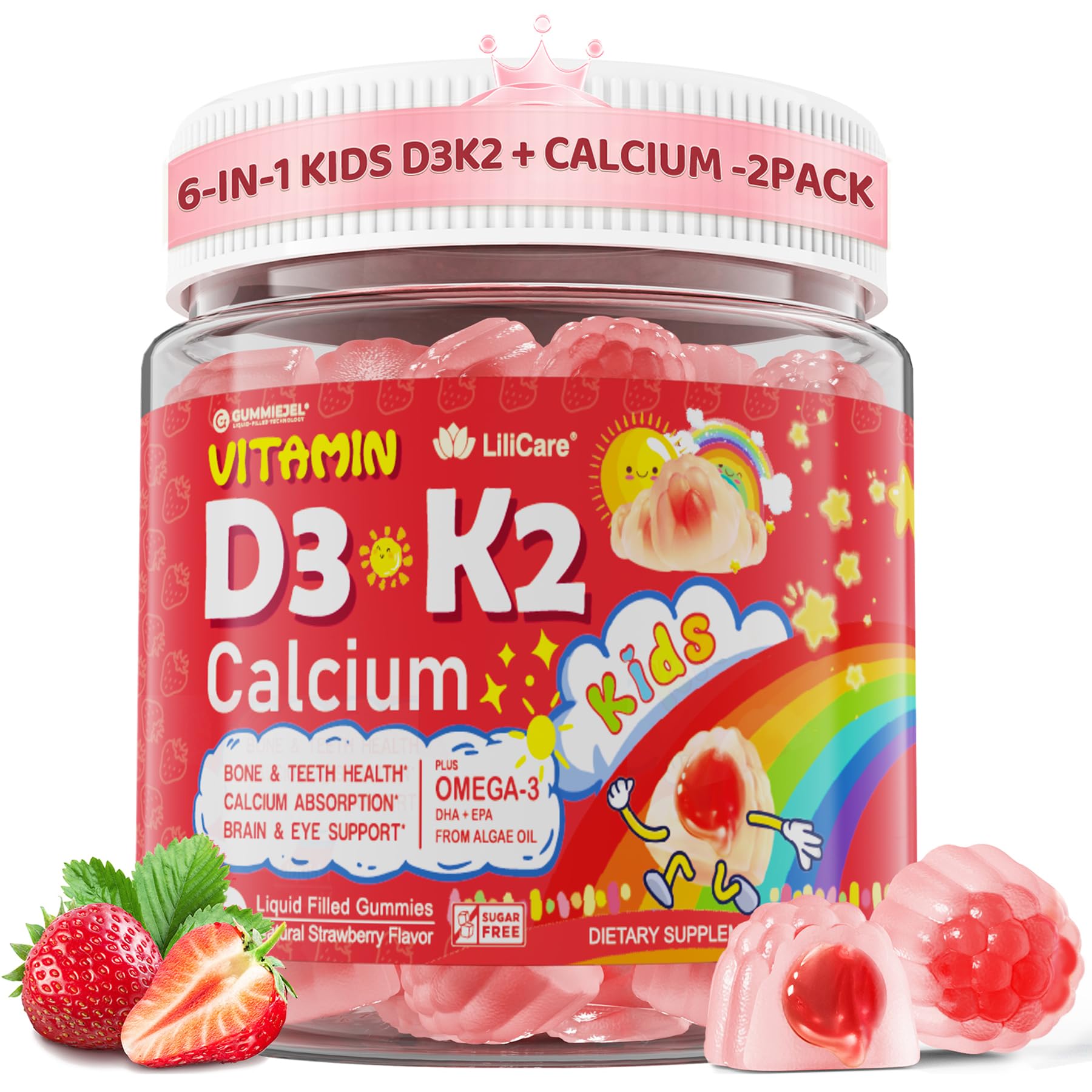 Vitamin D3 K2 + Calcium Liquid-filled Gummies for Kids & Teens, 1000IU/2000IU D3 with Magnesium, Algal Omega 3, Vitamin for Kids for Bones & Teeth, Calcium Absorption, Brain, Immunity,Sugar-Free,2Pack