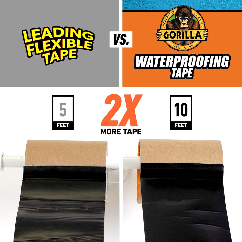 GORILLA Waterproofing Tape, Permanent, Black, 4" x 10', 1-Pack