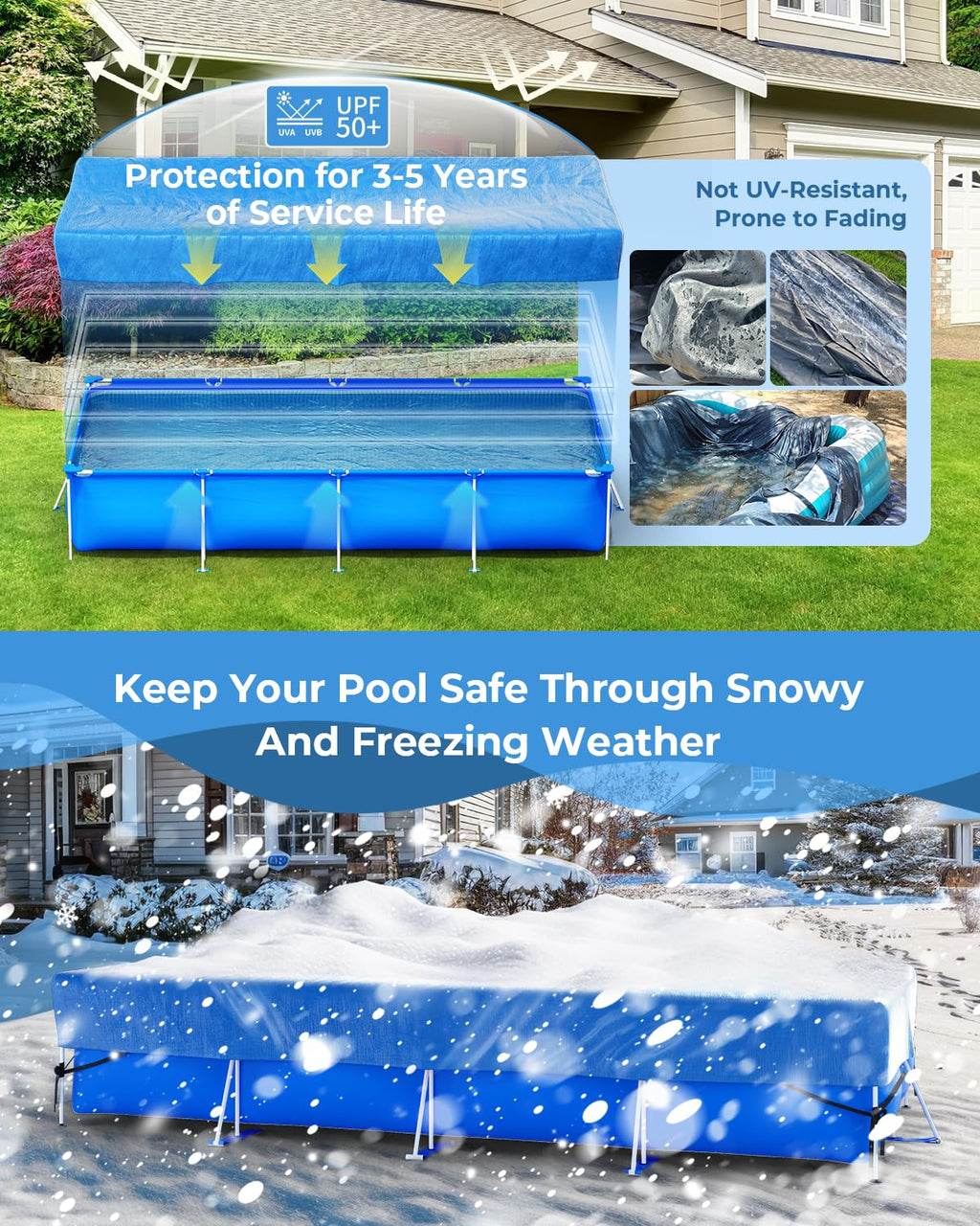 Reinmoson Inflatable Pool Cover Rectangular Fits Pool Under 145" L x 84" W, 20s Easy Set by 1 Person Built-in Elastic Edges & Integrated Drawstrings 10' x 7' Rectangle Pool Cover Above Ground