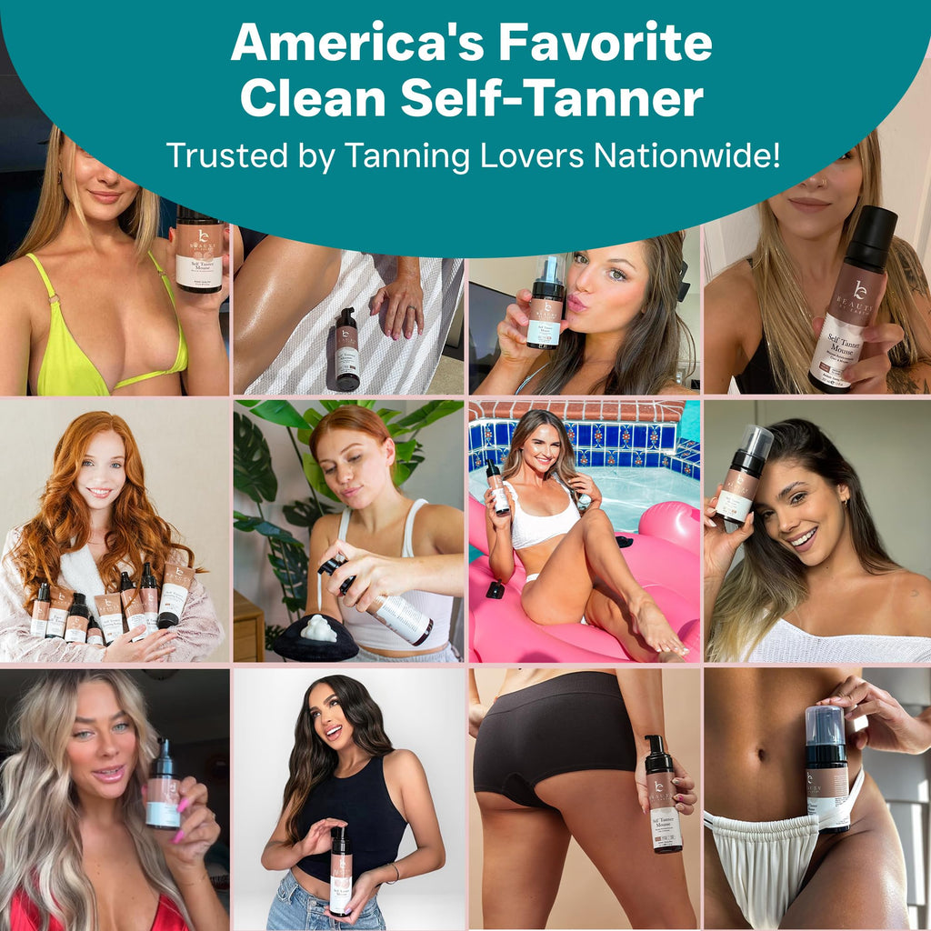 Self Tanner Tanning Mousse Kit - USA Made with Natural & Organic Ingredients, Tan Kit with Kabuki Brush & Mitt, Tanning Foam for Fake Tan, Non Toxic Sunless Tanner, Self Tanners Best Sellers