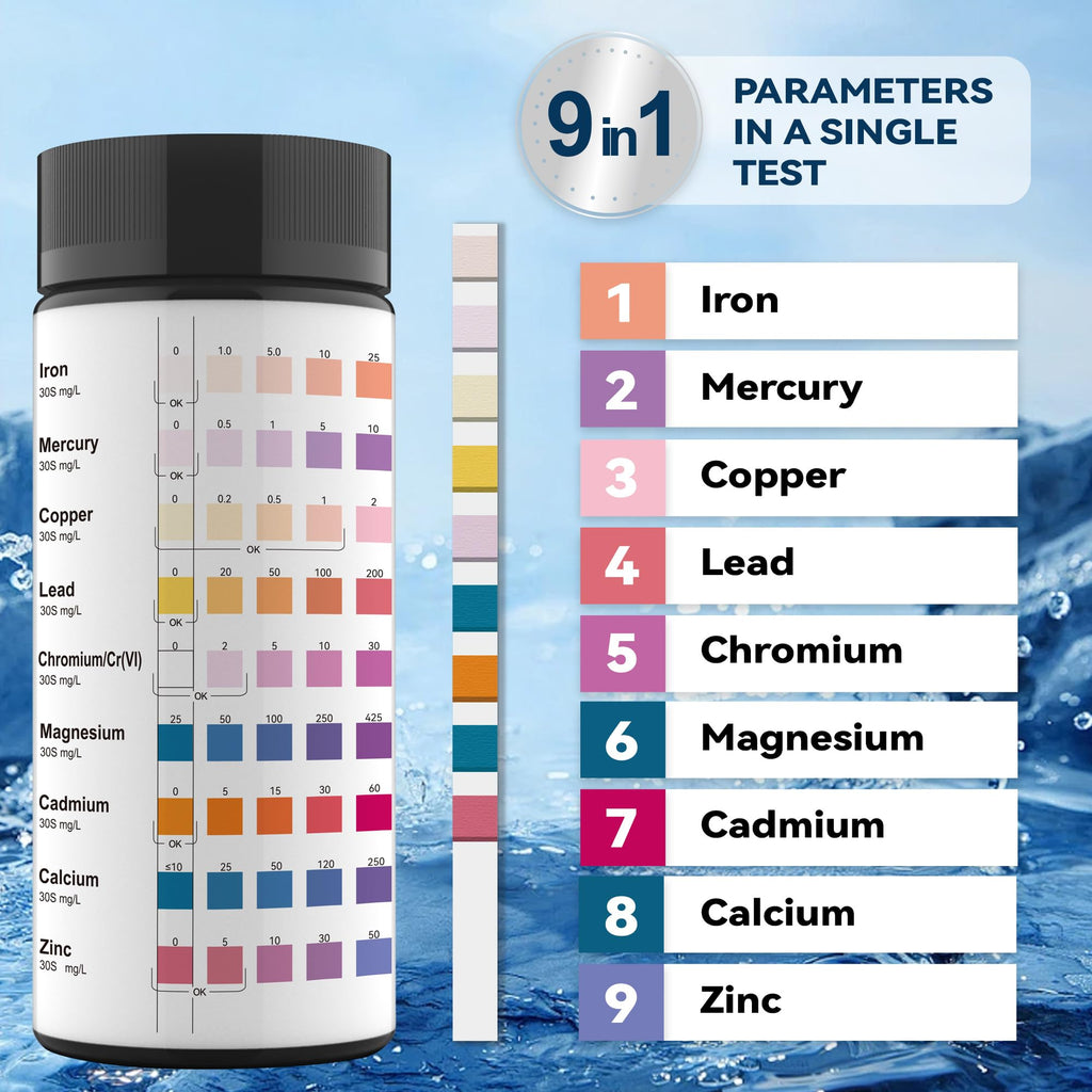 9 Way Heavy Metals Water Test Strips, 100ct Home Water Testing Kit for Iron, Mercury, Copper, Lead, Chromium, Magnesium, Cadmium, Calcium,Zinc