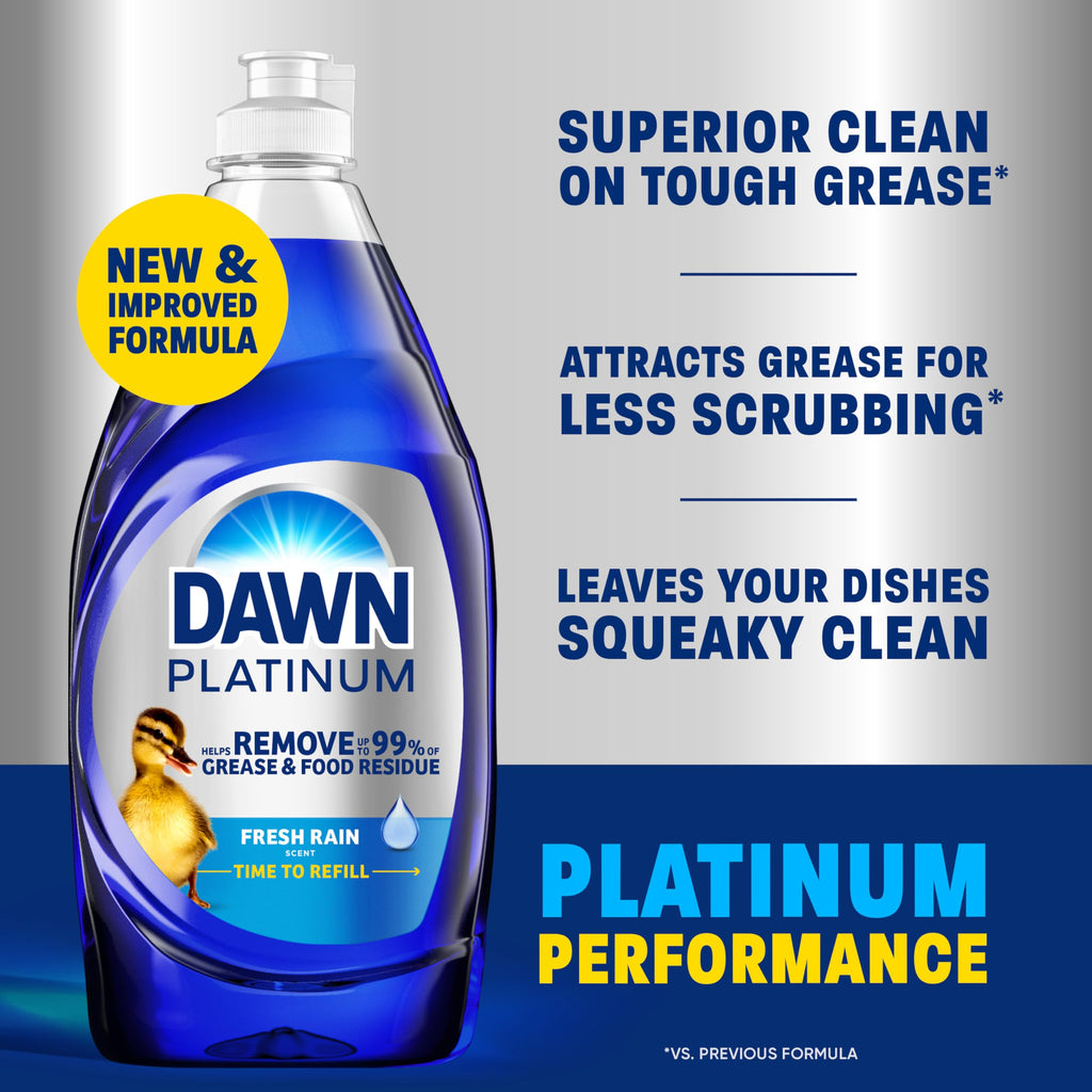 Dawn Platinum Dish Soap Fresh Rain Scent Liquid Dishwashing Detergent, Powerful Dawn Dish Soap for Tough Grease Removal, 30 oz