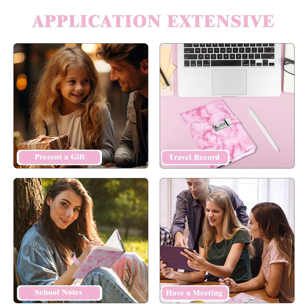 Kutoda Marble Diary with Lock, 192 Pages College Ruled Secret Journal with Lock, Waterproof A5 locked journal for women, Cute Diary Stuff for Teen Girls (Pink)