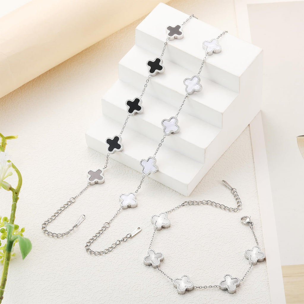 TICVRSS Silver Chain Bracelet Set Gold/White/Black Clover Bracelets for Women Four Leaf Lucky Bracelets Jewelry Gifts for Women 3Pcs