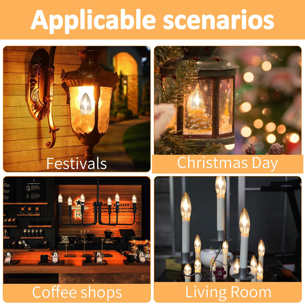 HEWA-Tech E12 Base (Miniature Screw) C35 Flame Tip Flicker Bulbs - Crystal Clear Candle Light with Orange Glow Effect for Halloween， E12 Non-Dimmable Chandelier Replacement Bulbs, 6-Pack