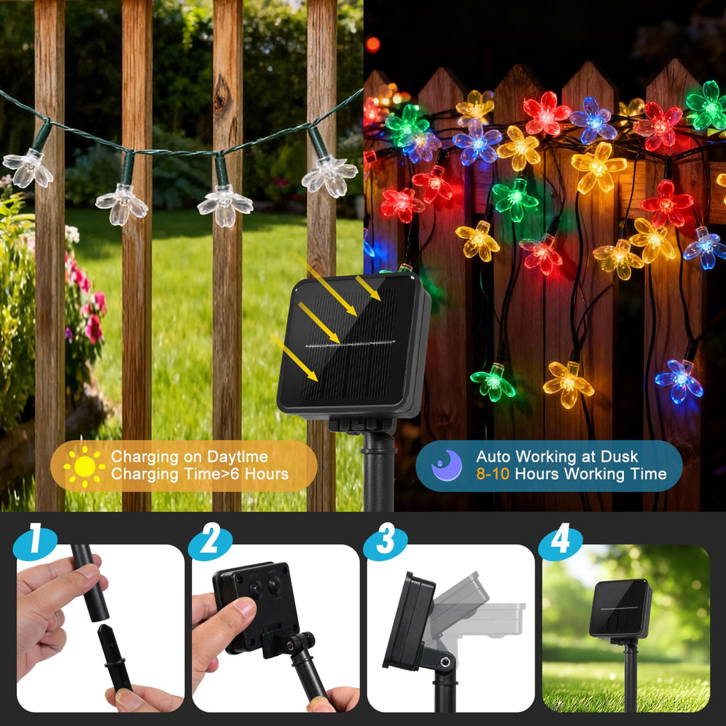 Vruxuri 2 Pack Total 52FT 120 LED Solar String Lights Outdoor Waterproof Flower Fairy Lights for Garden Fence Patio Yard Christmas Tree Lawn Wedding Party Decor, Red and Pure White