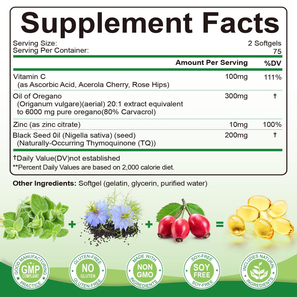 SIGNILIFE Oil of Oregano with Black Seed Oil, 6000mg Oregano Oil Capsules for Immune Support with High Carvacrol & Thymoquinone, Antioxidant, Non-GMO, Gluten Free, 150 Softgels