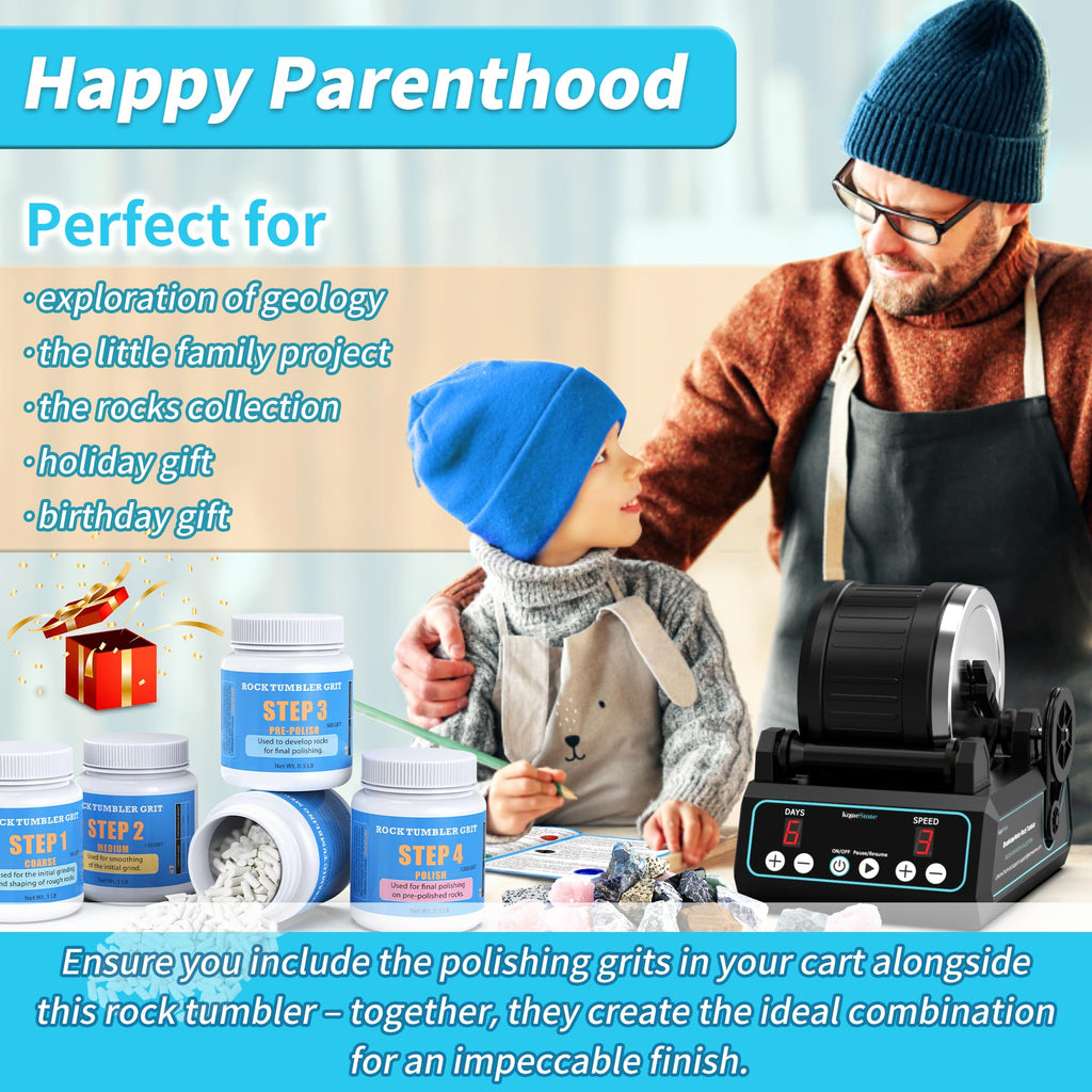 KomeStone K1 Pro Professional Cutting-Edge Brushless Motor Advanced Rock Tumbler Polisher Kit, Extra Large 2.5Lb Barrel with 3-Speed Motor 9-Day Timer, 6 Belts, Rough Gemstones, 4 Polishing Grits etc.