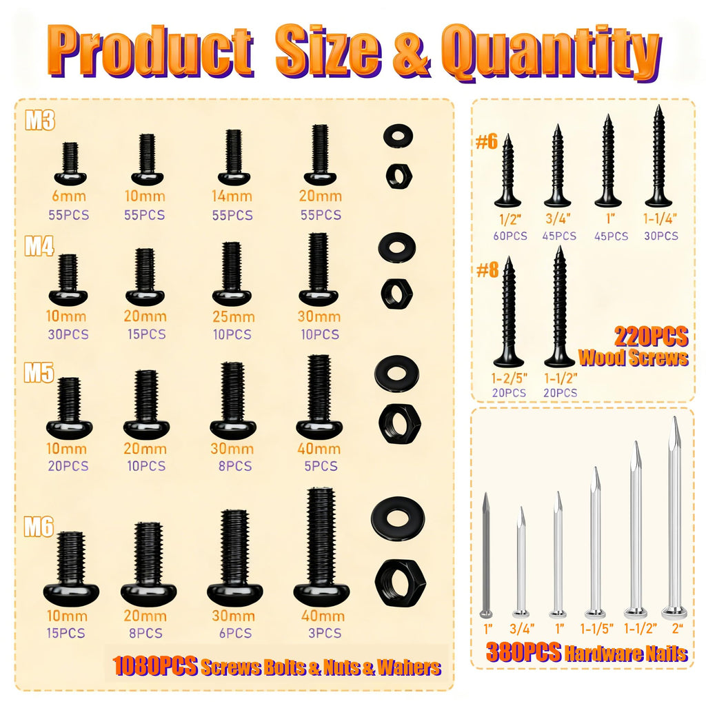 Dianrui 1680 PCS Blcak Nails and Screws Assortment Kit & Screw Bolts and Nuts, M3/M4/M5/M6 Machine Screws, Small Nails for Picture Hanging, #6#8 Drywall Screw Set for DIY Project Length 1/2" to 2"