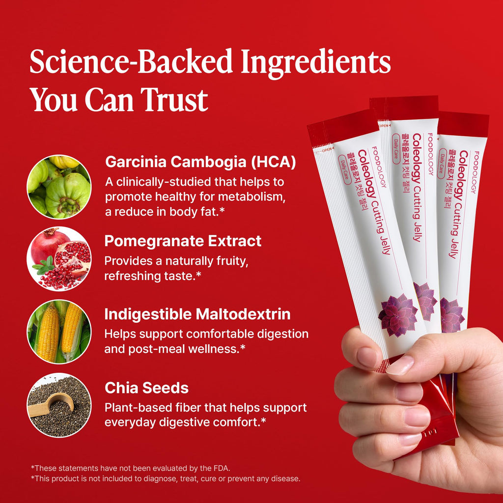 FOODOLOGY Coleology Cutting Stick Jelly, Pomegranate – Appetite Suppressant, Chia Seeds, Garcinia Cambogia HCA, Korean Dietary Supplement with Collagen - 1 Pack of 10