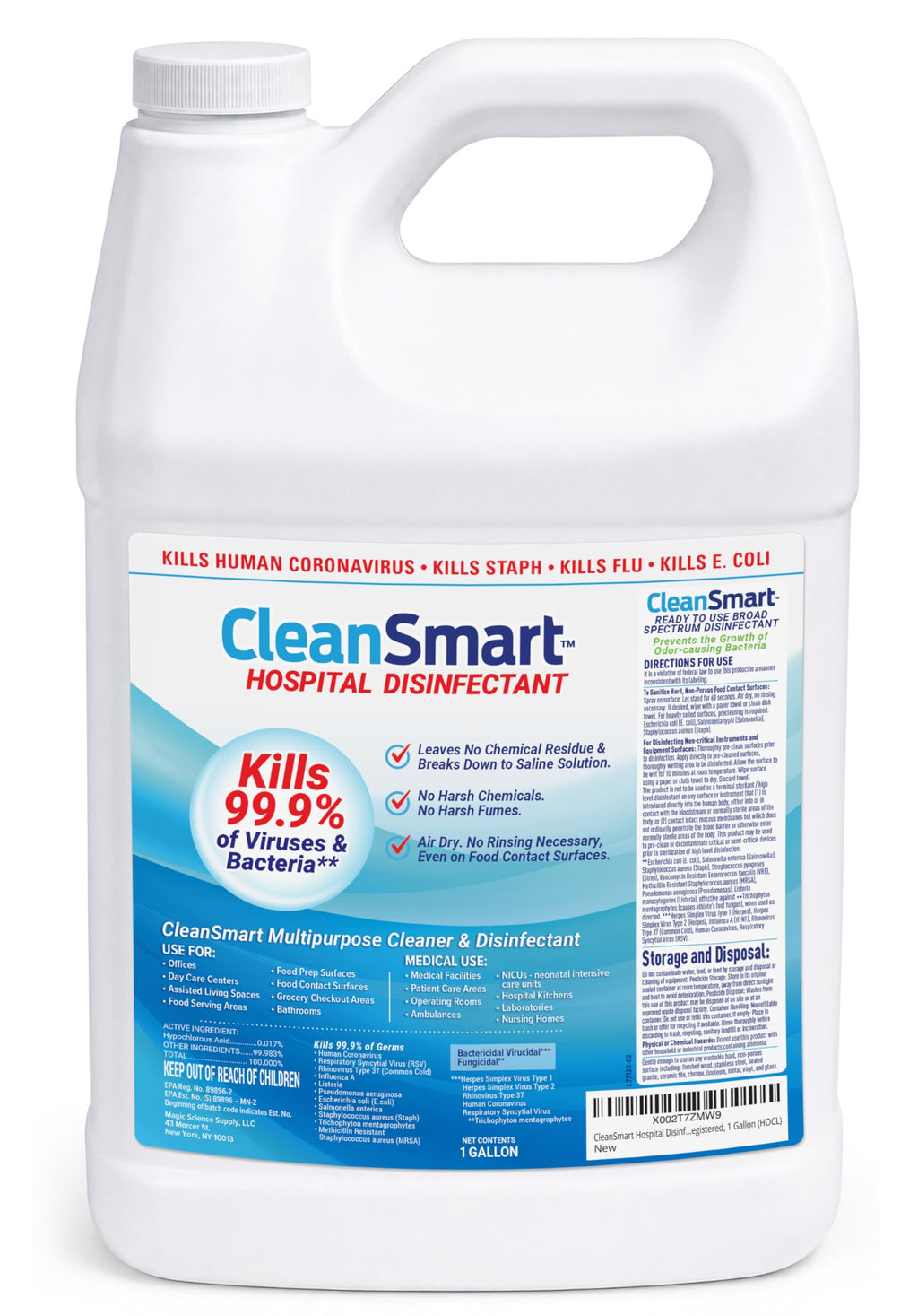 CleanSmart Hospital Disinfectant, Kills 99.9% of Viruses and Bacteria, Hypochlorous Acid Technology, EPA Registered, 1 Gallon (HOCL)