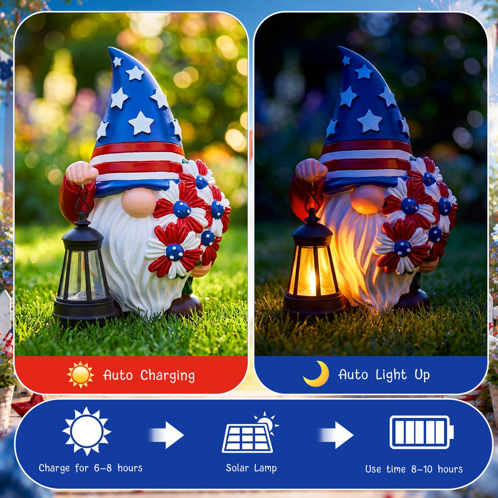 Capoda Solar Patriotic Gnome Statue 8" Garden Resin Gnome Figurine Holding Lantern with Solar LED Lights Decorations for Table 4th of July Independence Day Outdoor Yard Patio Lawn Decor