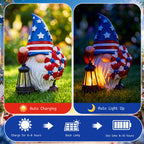 Capoda Solar Patriotic Gnome Statue 8" Garden Resin Gnome Figurine Holding Lantern with Solar LED Lights Decorations for Table 4th of July Independence Day Outdoor Yard Patio Lawn Decor