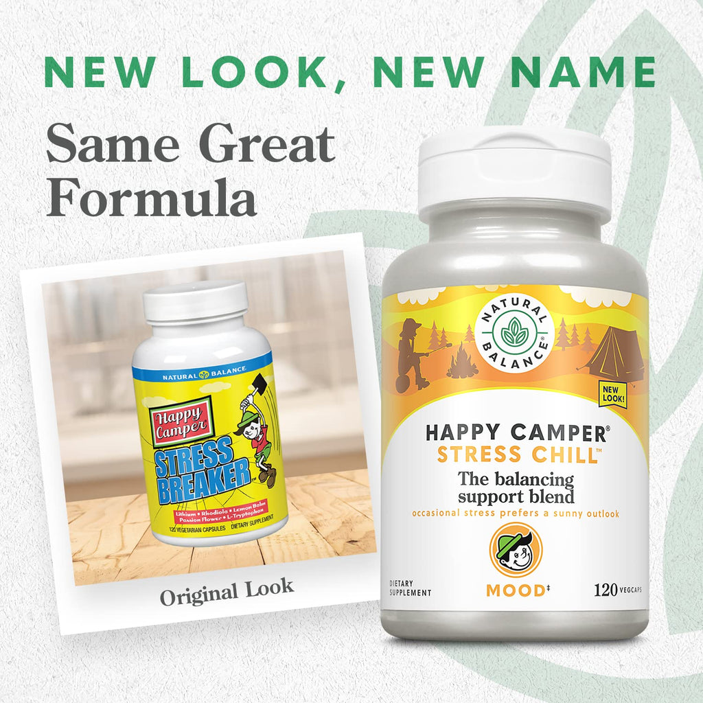 NATURAL BALANCE Happy Camper Stress Chill - Balancing Support Herbal Supplements - Mood Support Supplement for Adults w/ L-Theanine, Rhodiola Rosea, B Vitamins and Selenium - 30 Servings, 120 VegCaps